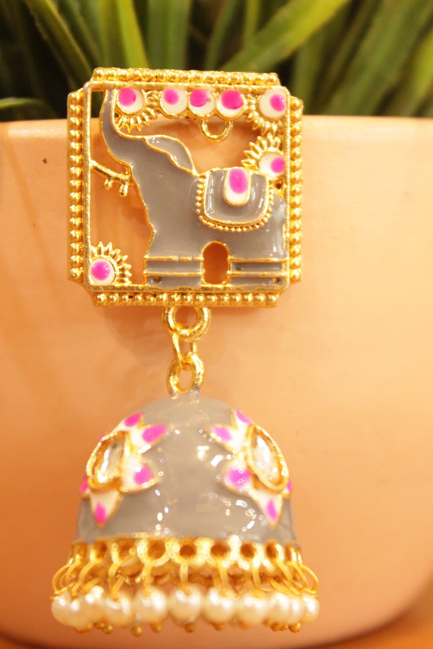 Grey Enamel Painted Elephant Motif Jhumka Earrings