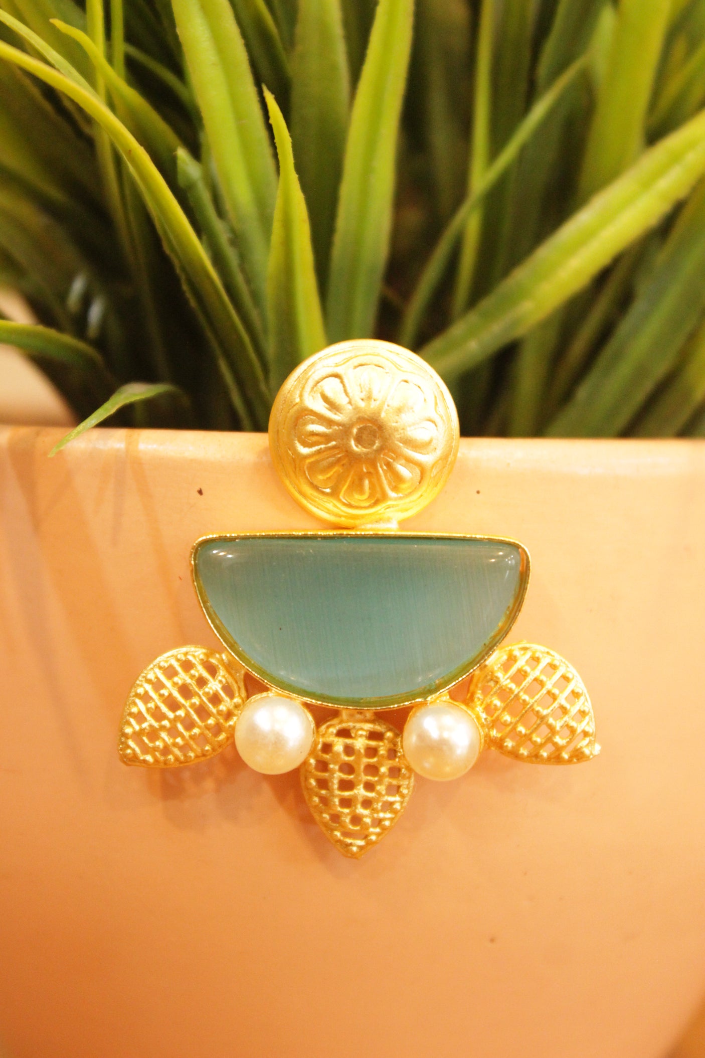 Sky Blue Natural Gemstones Embedded Gold Finish Earrings