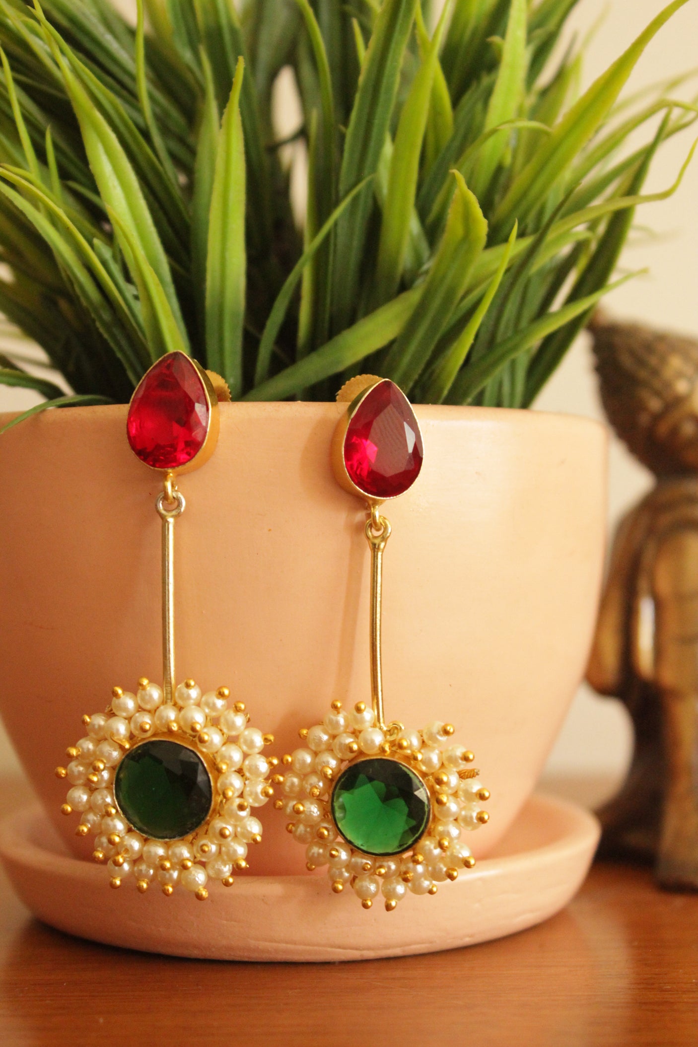 Red & Green Glass Stones Gold Plated White Beads Embellished Earrings