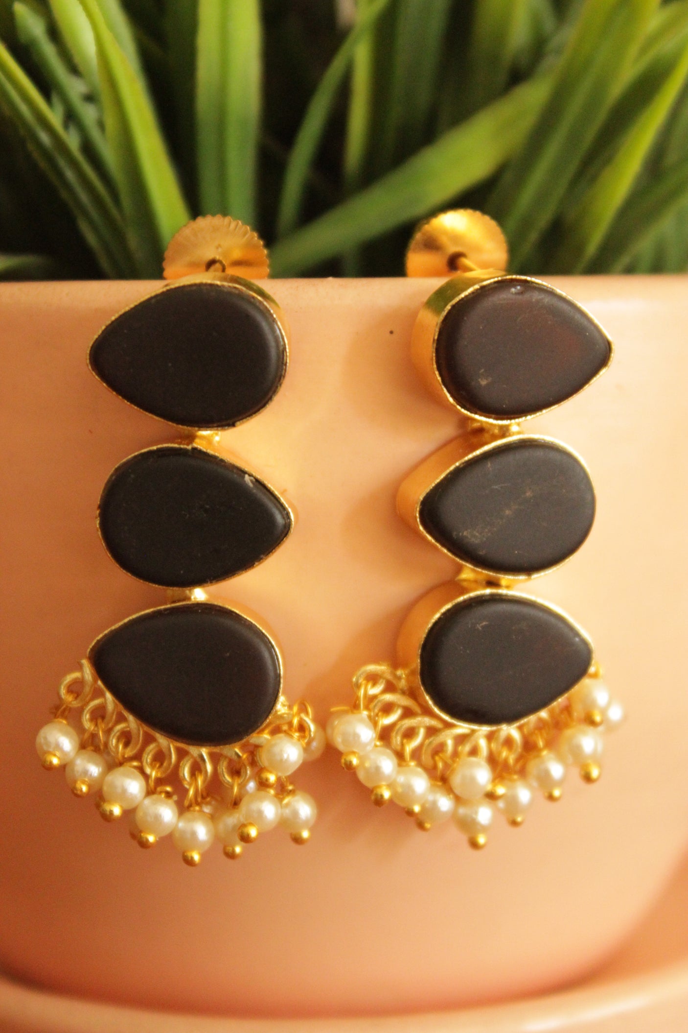 Black Natural Gemstones Embedded Gold Plated Earrings Embellished with White Beads