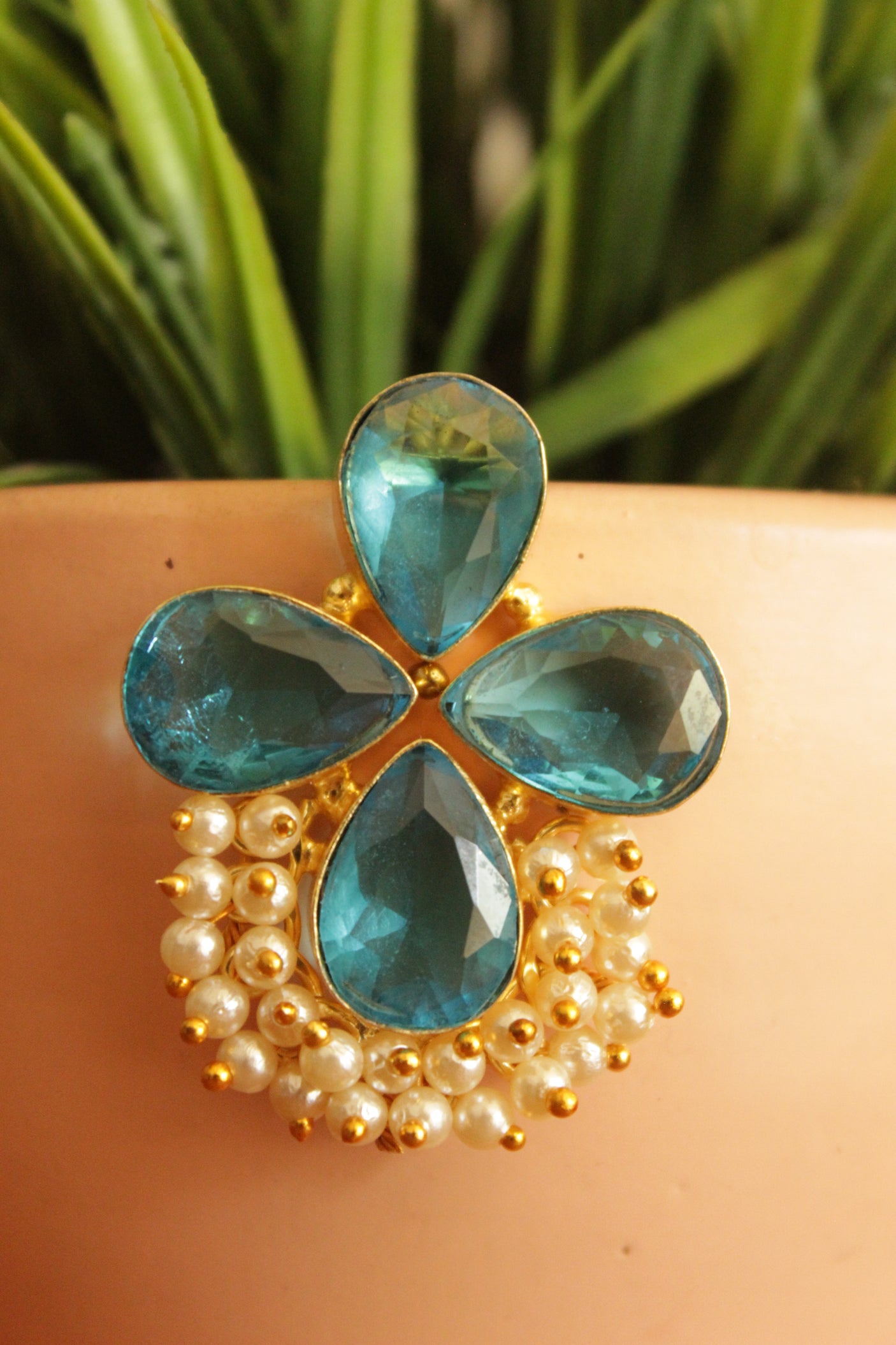 Sky Blue Natural Gemstones Embedded Gold Plated Earrings Embellished with White Beads