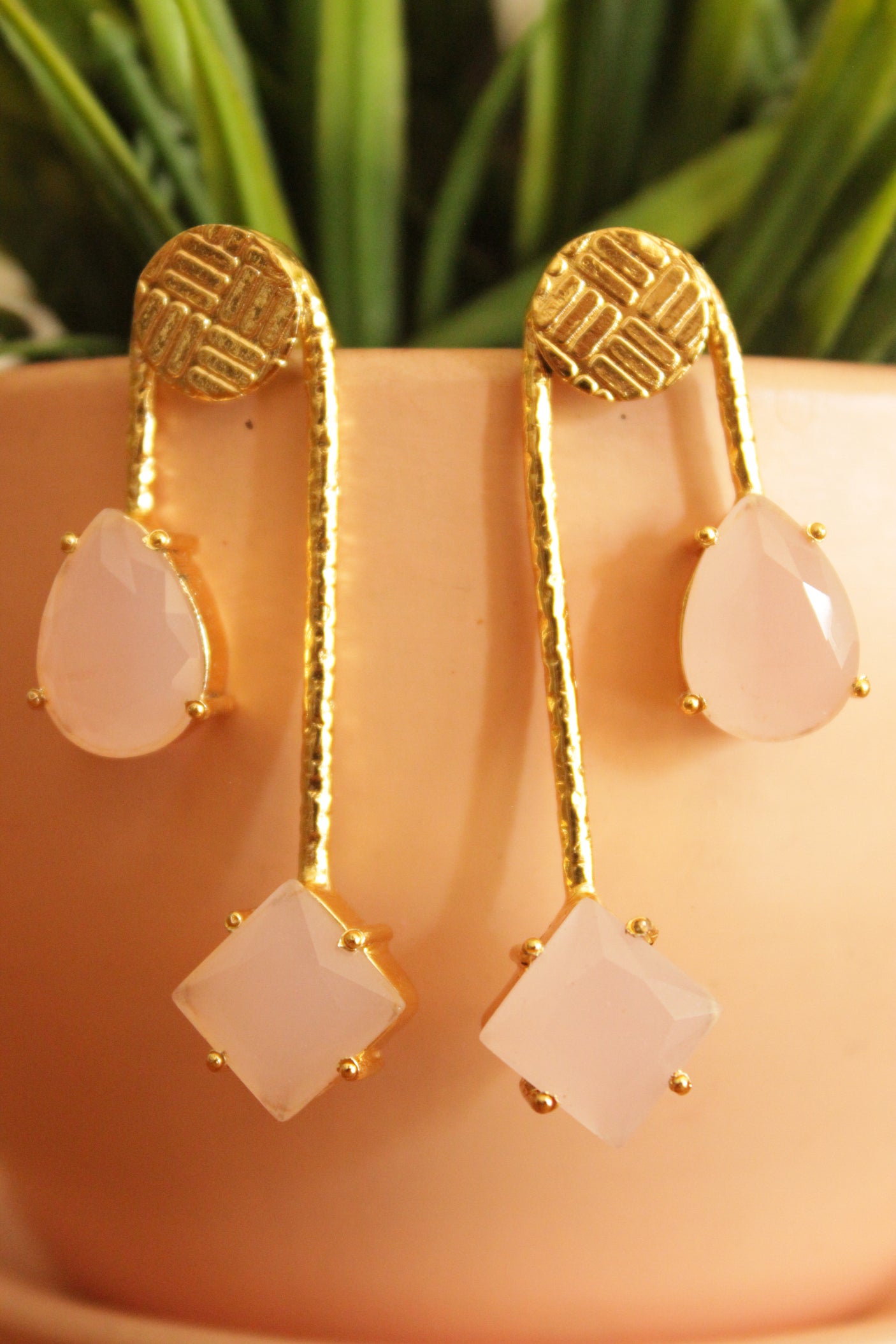 Peach Natural Gemstones Embedded Gold Plated Earrings