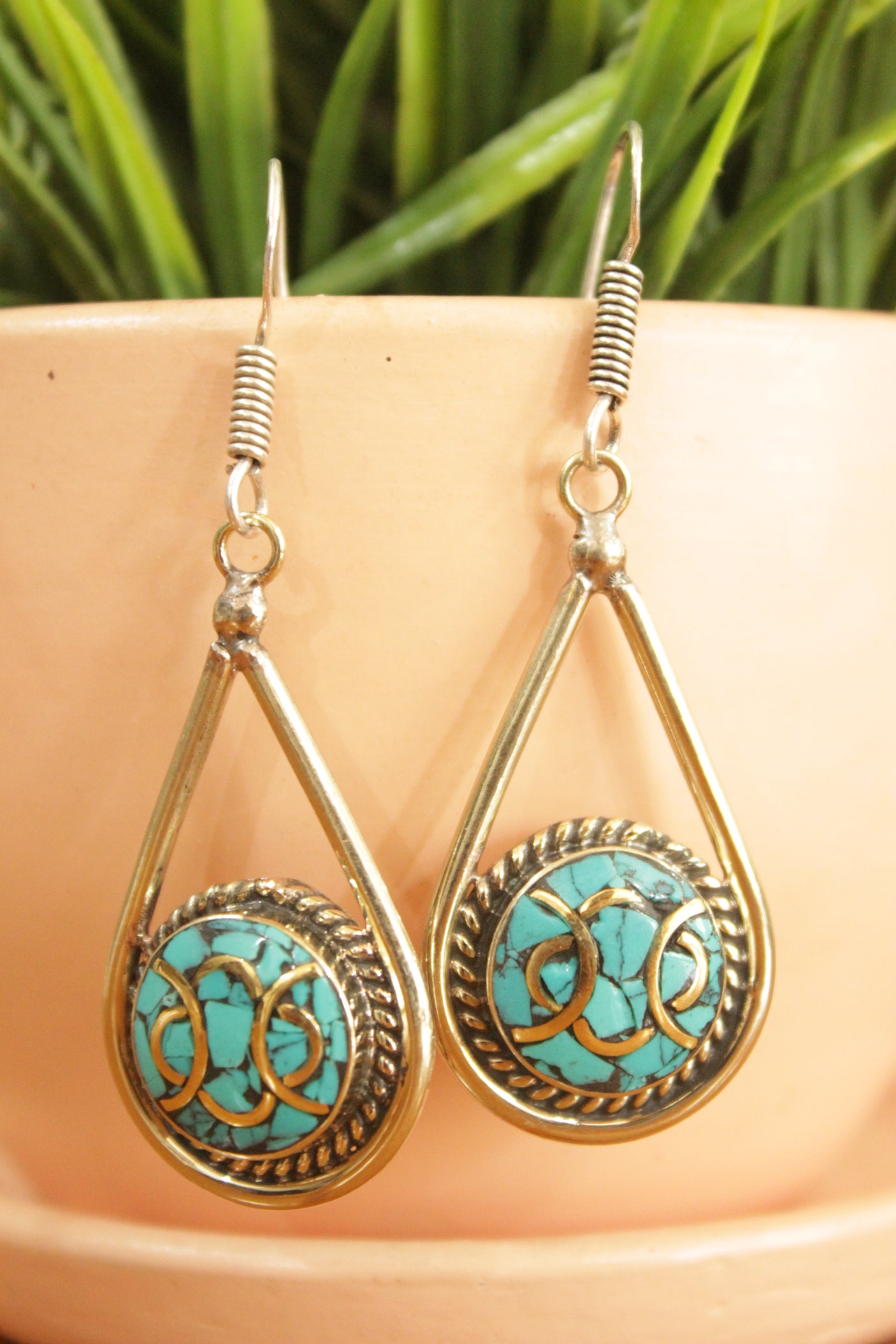 Green Turquoise Silver Plated Tibetan Earrings