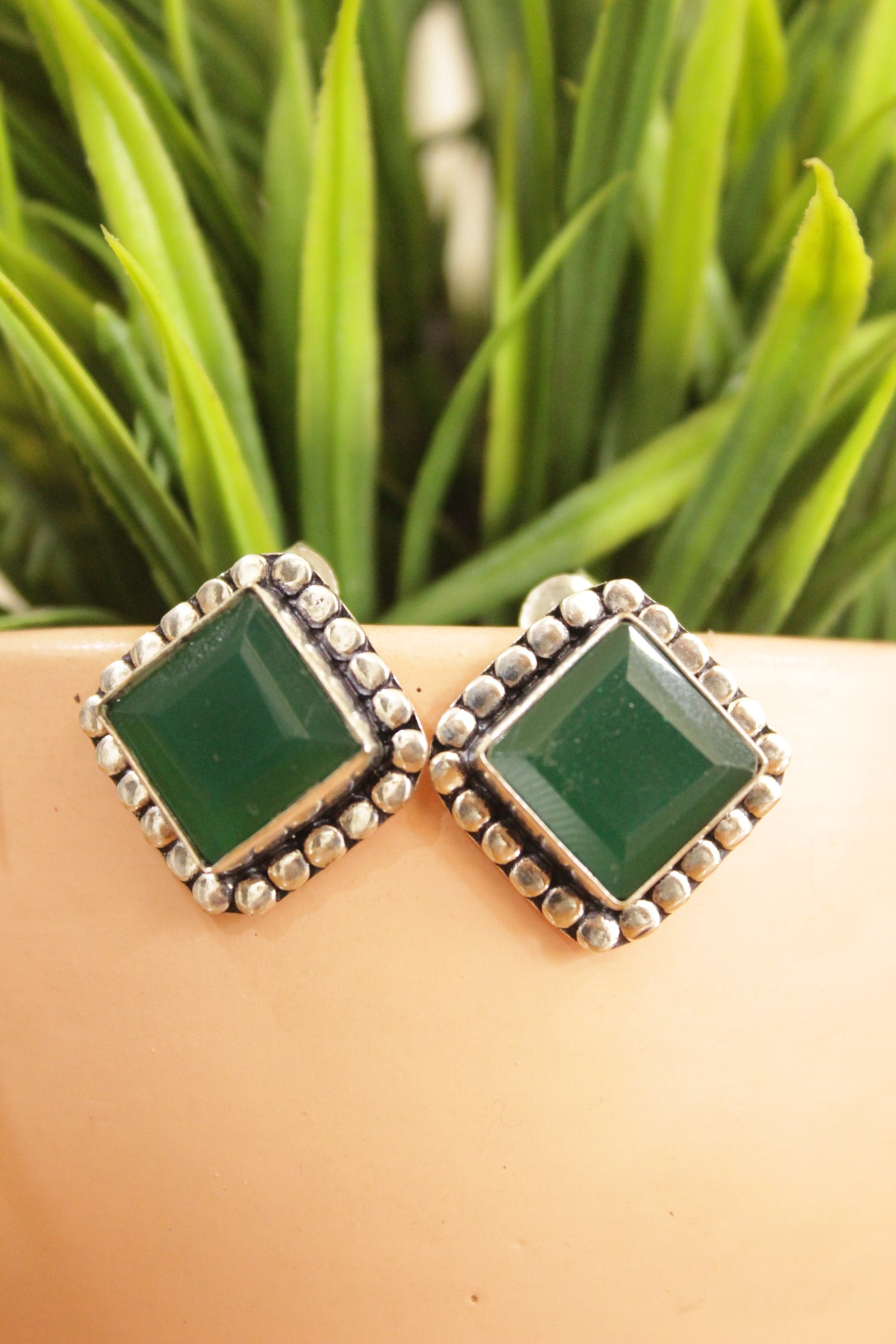 Green Quartz Gemstone Embedded Silver Plated Stud Earrings