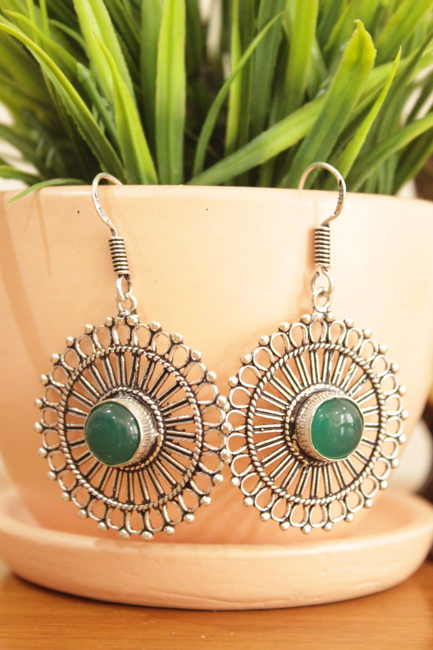Green Onyx Center Stone Chakra Pattern Silver Plated Earrings