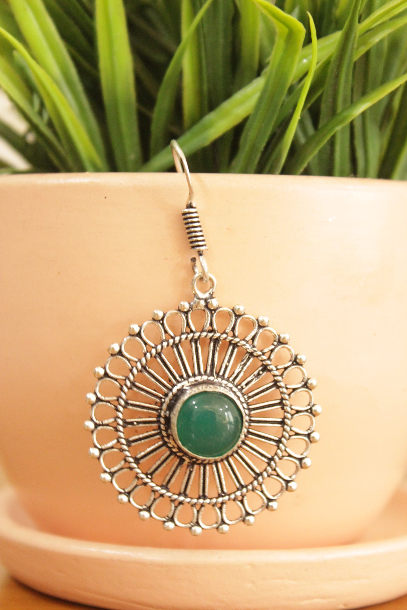 Green Onyx Center Stone Chakra Pattern Silver Plated Earrings