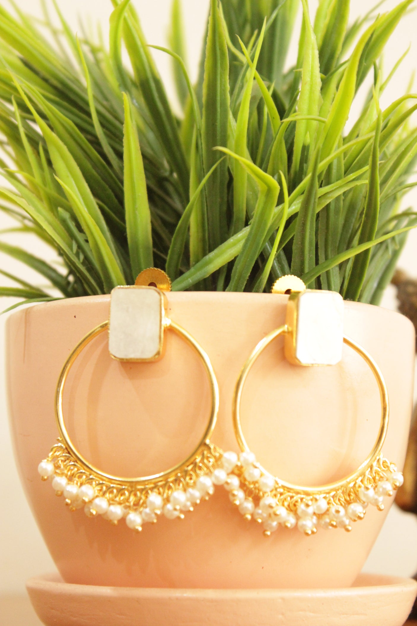 Pearl Gemstone Embedded Gold Plated Hoop Earrings