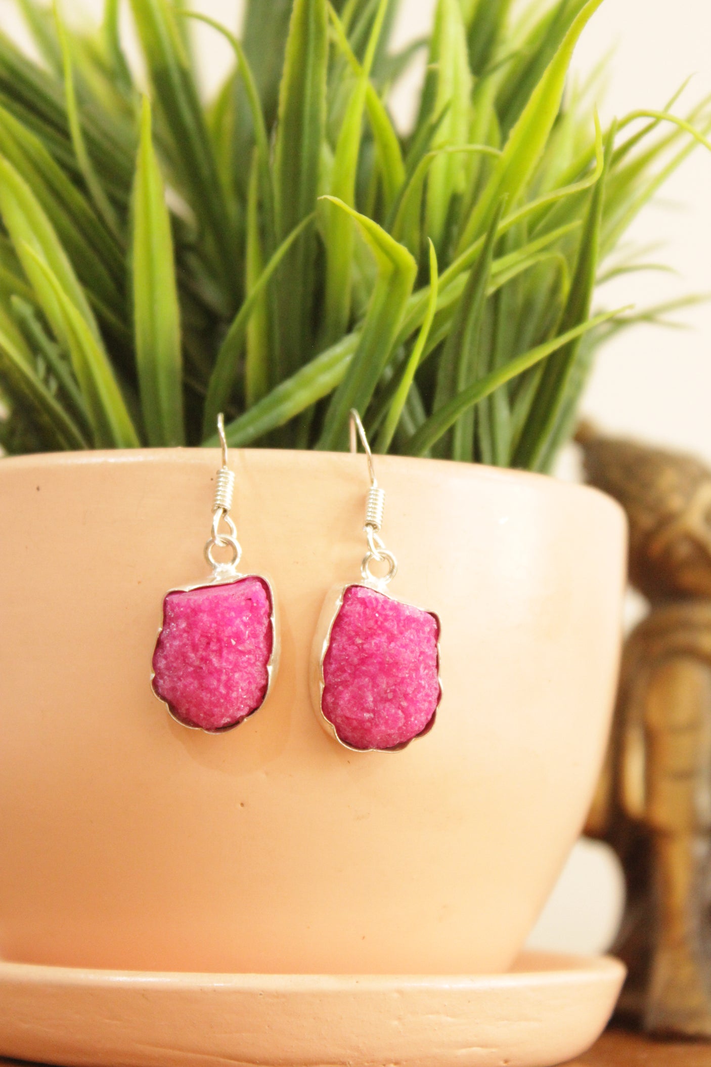 Natural Sugar Druzy Gemstone Embedded Silver Plated Earrings