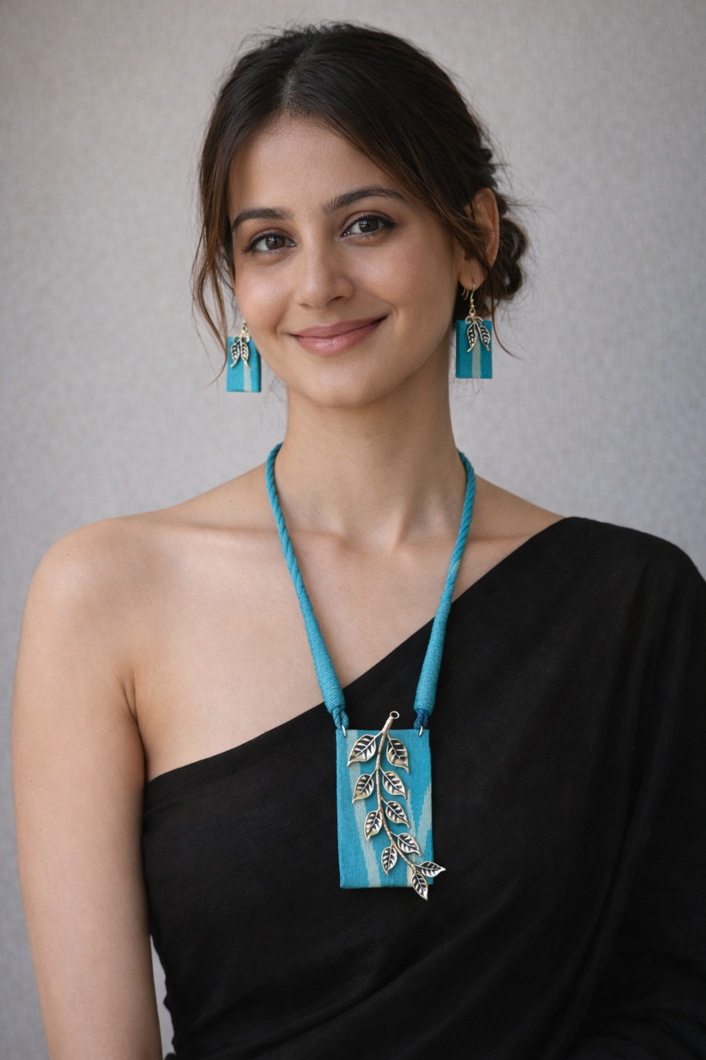 Ikat Printed Fabric Necklace Set with Metal Leaves Detailing