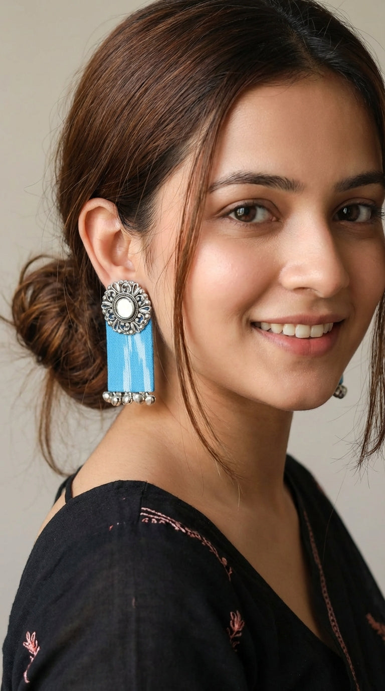 Blue Ikat Fabric Mirror Earrings
