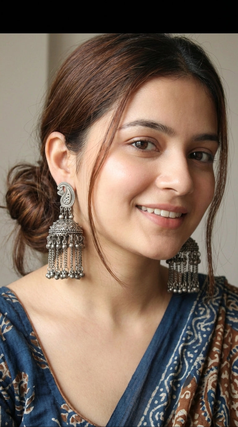 Peacock Motif Oxidised Finish Jhumka Earrings with Long Metal Beads Strands