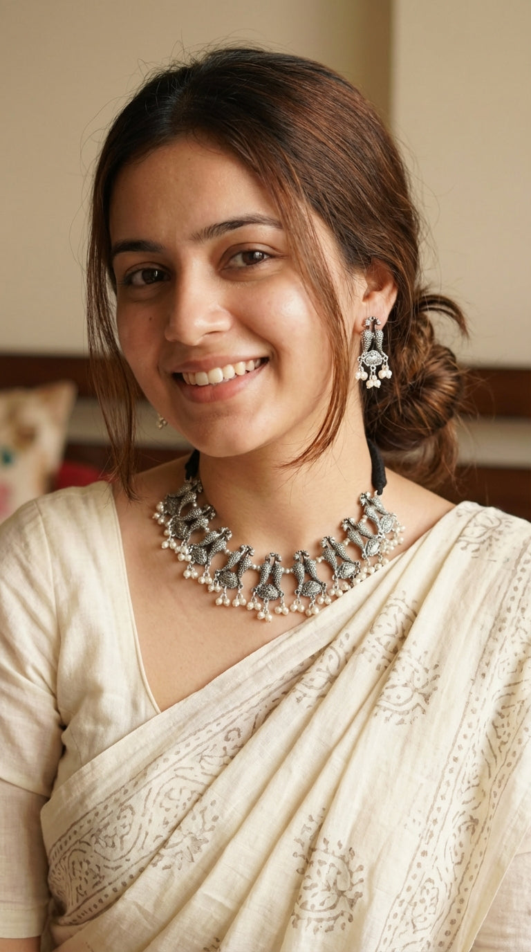 Peacock Motif thread Closure Choker Necklace Set with Long Dangler Earrings