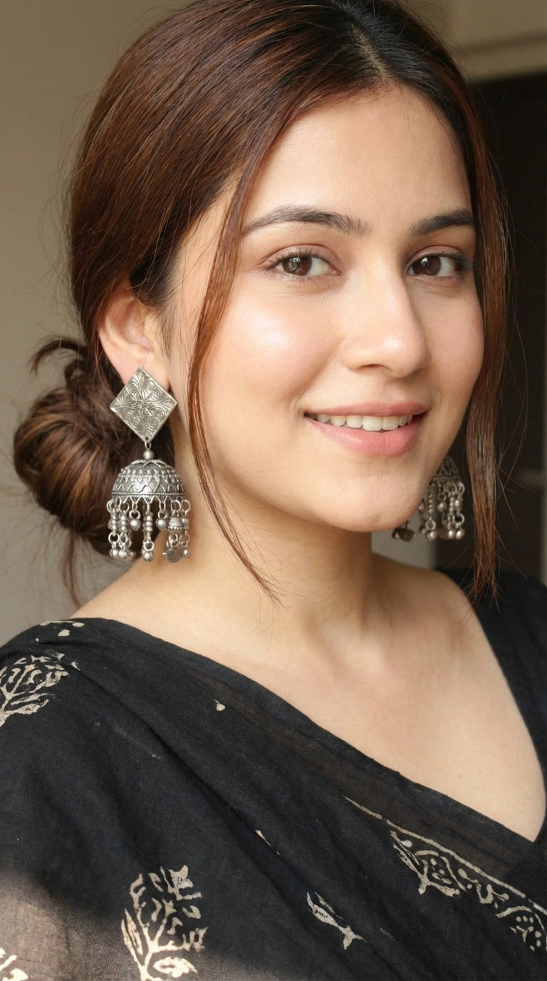 Oxidised Finish Metal Charm Strings Jhumka Earrings