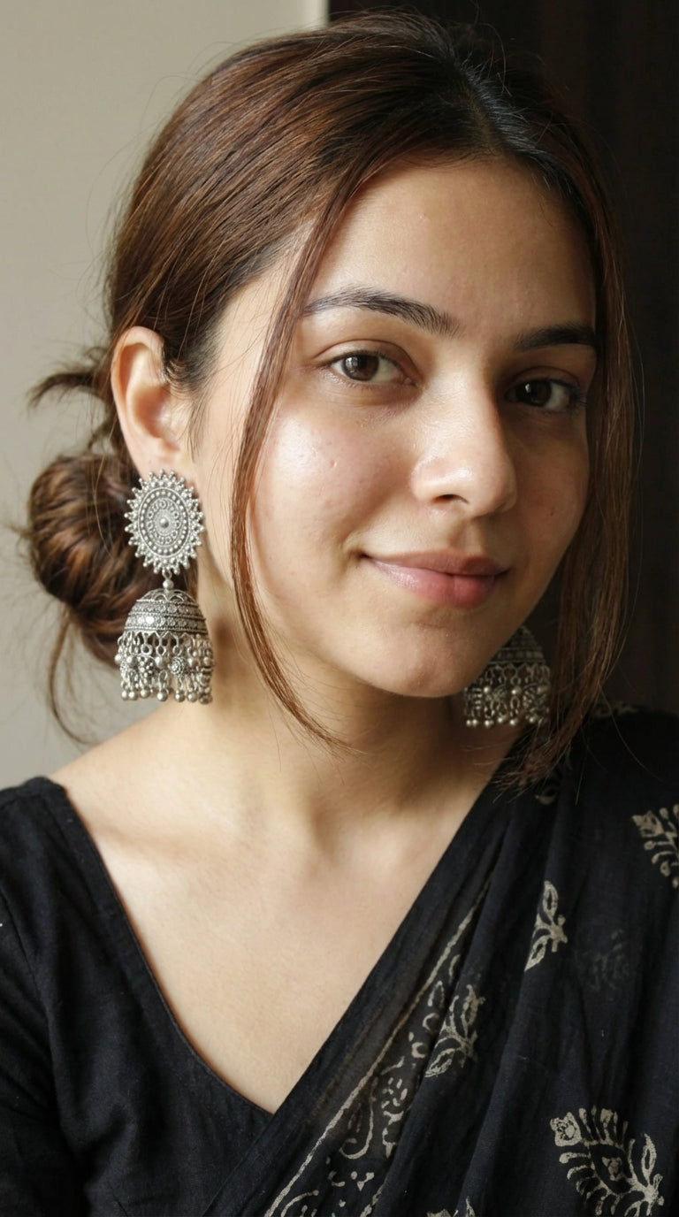 Intricately Detailed Premium Oxidised Finish Sun Dial Jhumka Earrings
