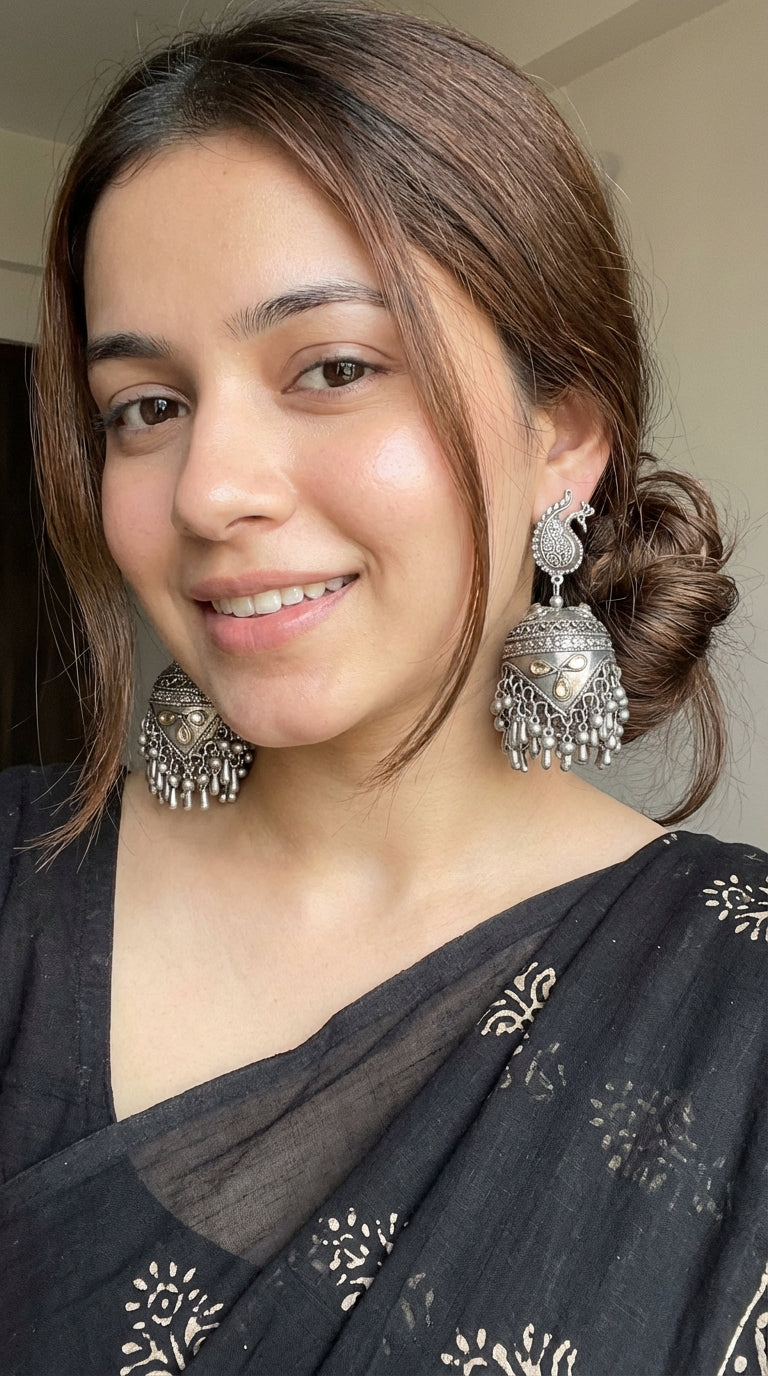 White Stones Embedded Premium Oxidised Finish Jhumka Earrings
