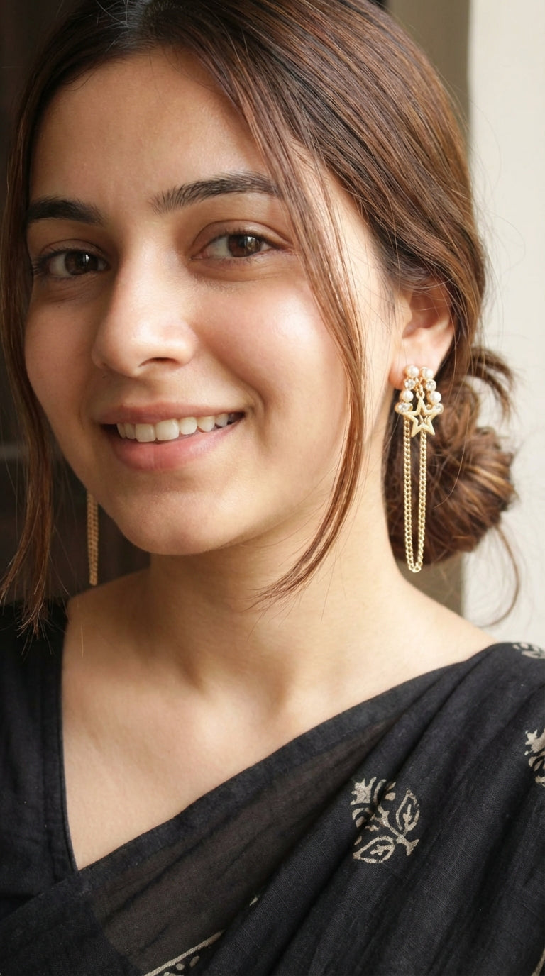 Pearl and Glass Stones Star Motifs Gold Toned Chain Earrings