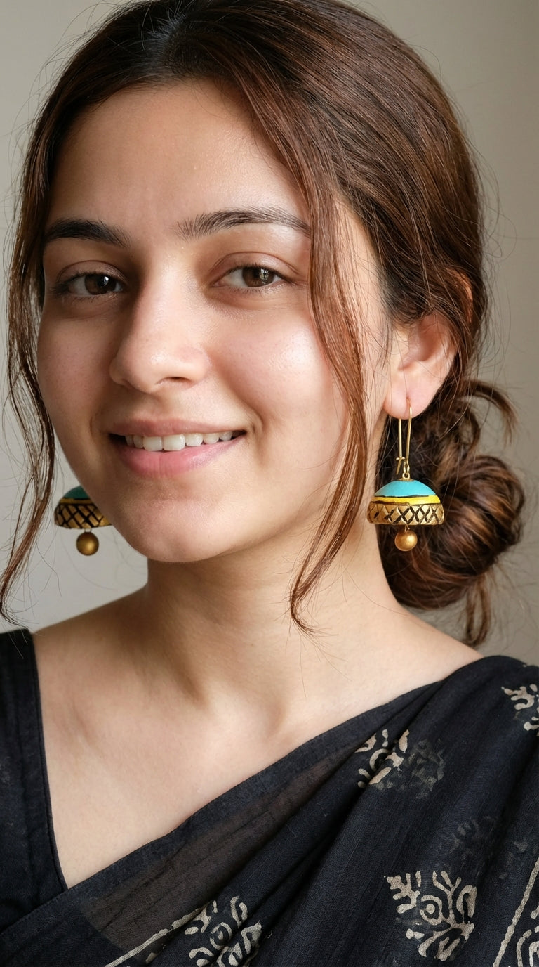 Turquoise Dome Shaped Terracotta Clay Jhumka Earrings