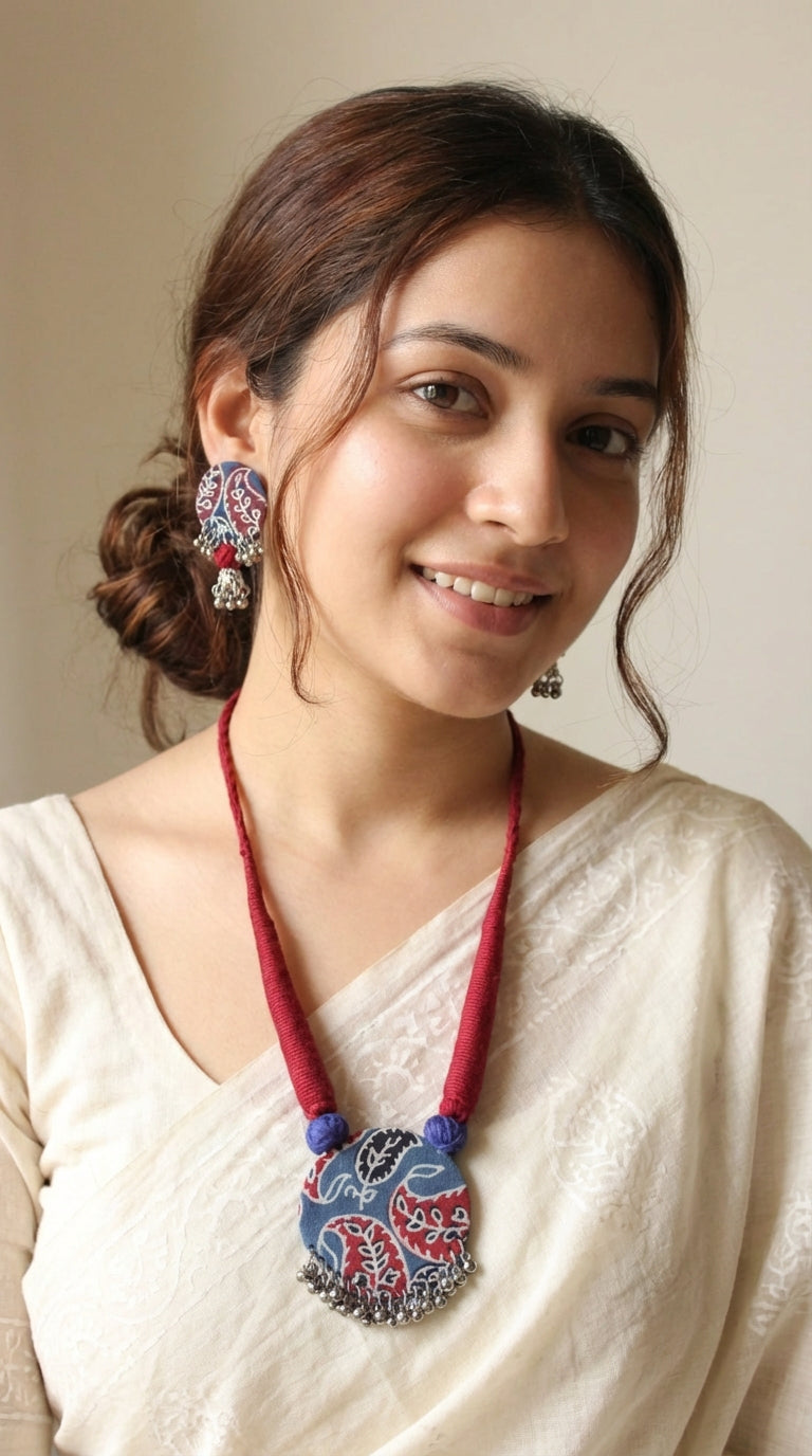 Indigo and Maroon Block Printed Fabric and Metal Ghungroos Adjustable Closure Necklace Set