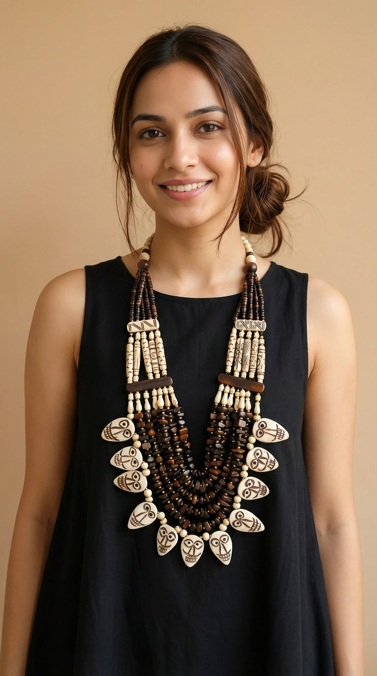 Engraved Ivory and Brown Bone Beads Handcrafted Multi-Layer African Tribal Necklace