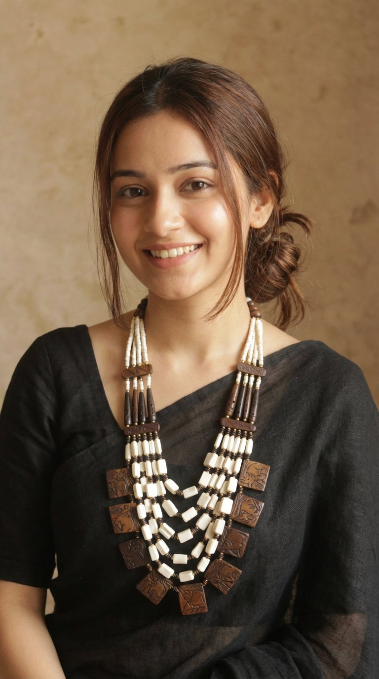 Engraved Off-White and Brown Bone Beads Handcrafted Multi-Layer African Tribal Necklace