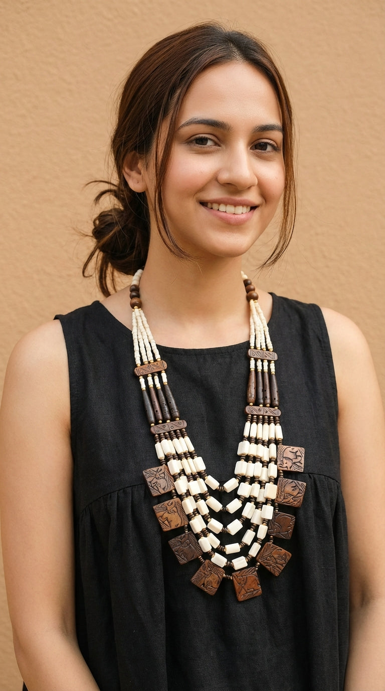 Engraved Off-White and Brown Bone Beads Handcrafted Multi-Layer African Tribal Necklace