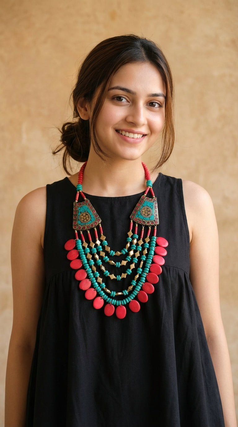 Turquoise and Red Bone Beads Handcrafted Multi-Layer African Tribal Necklace with Gold Accents