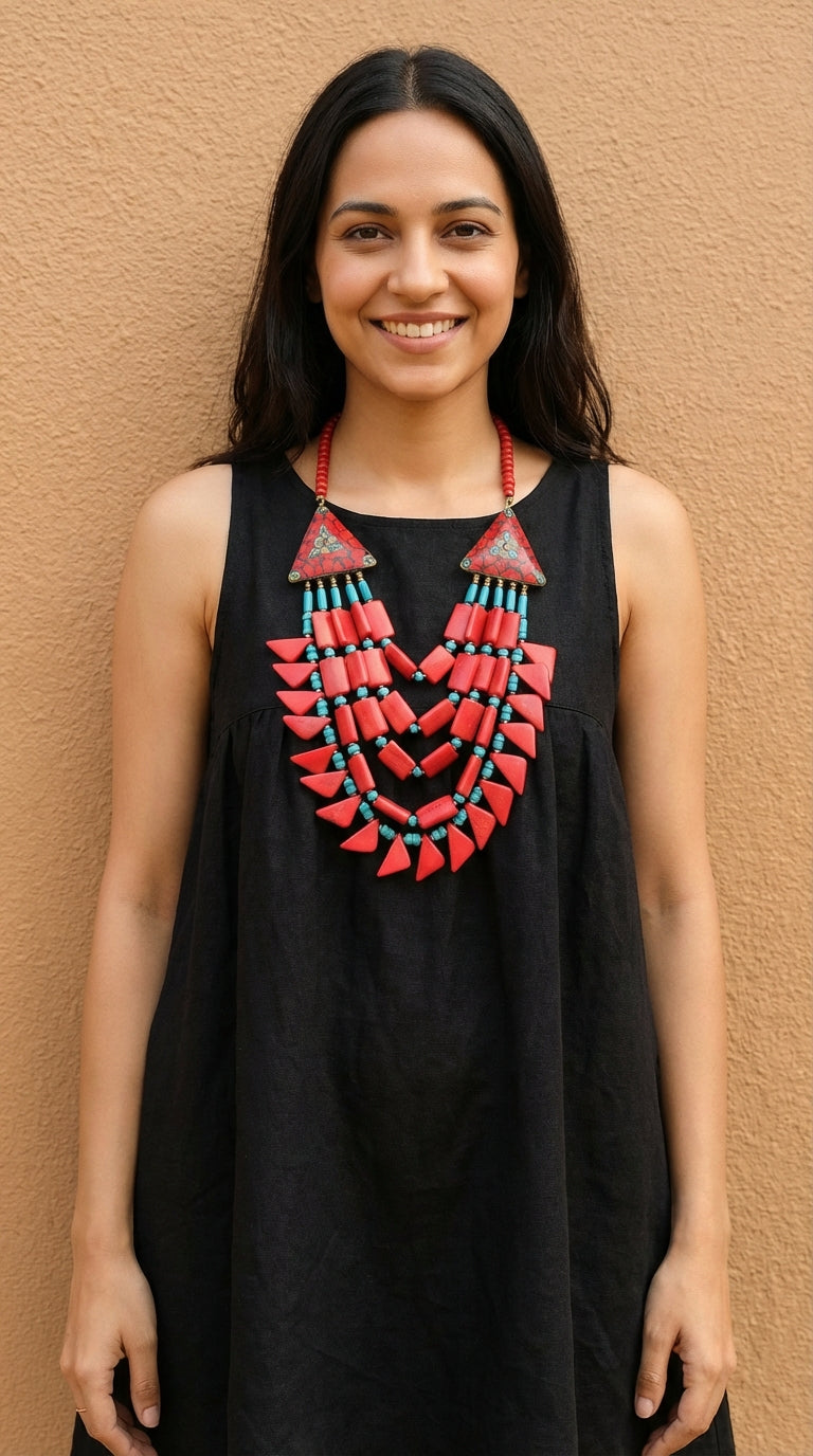 Red and Blue Bone Beads Handcrafted Multi-Layer African Tribal Necklace