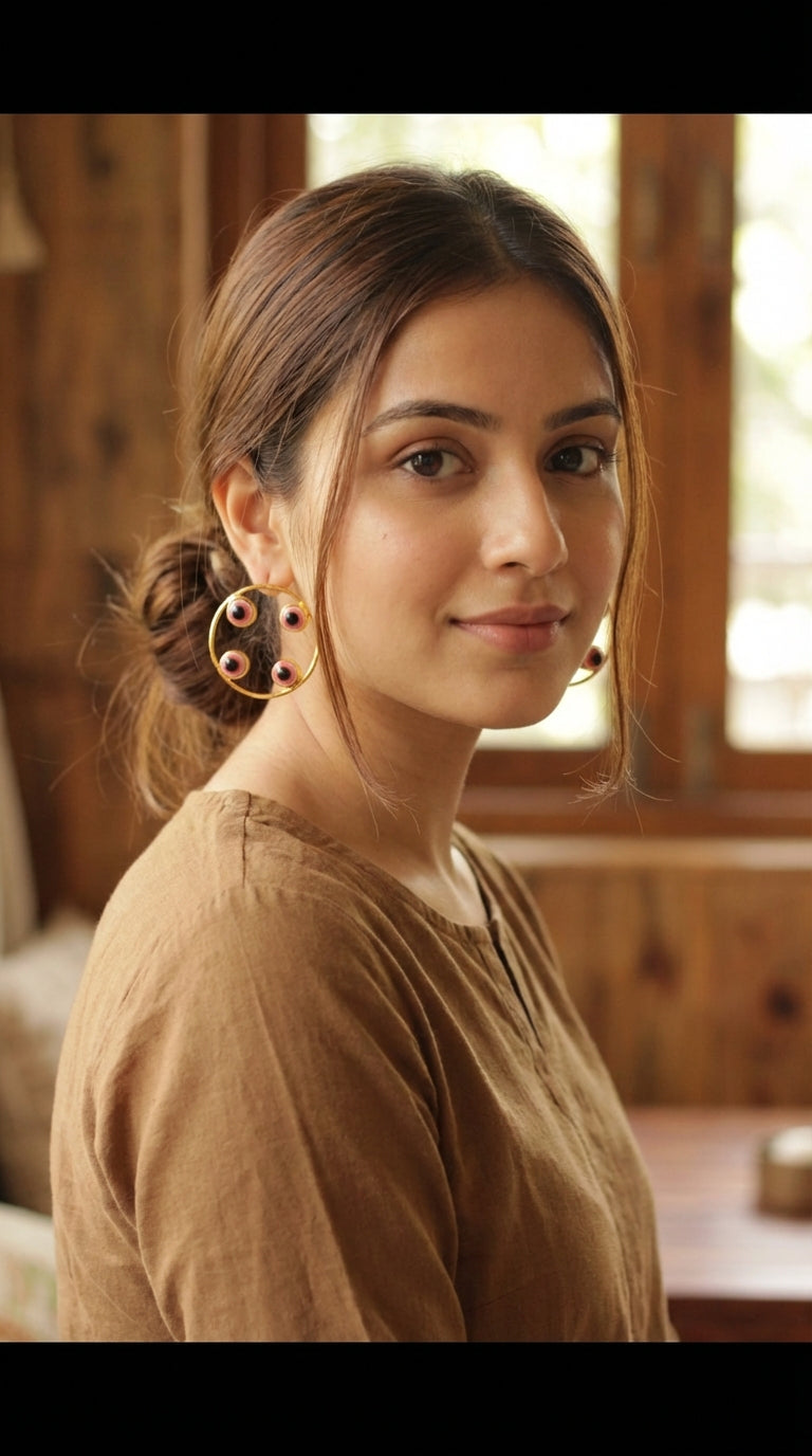 Red Evil Eye Embedded Gold Finish Hoop Earrings