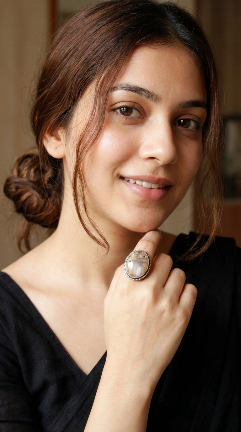 Shaded White & Brown Glass Stone Embedded Oxidised Finish Adjustable Ring