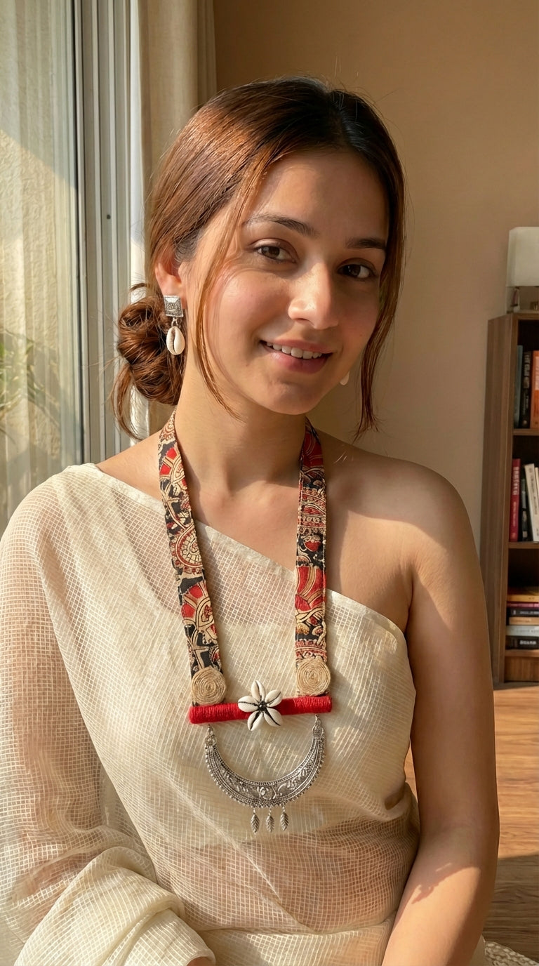 Kalamkari Fabric, Jute and Shells Statement Long Necklace Set