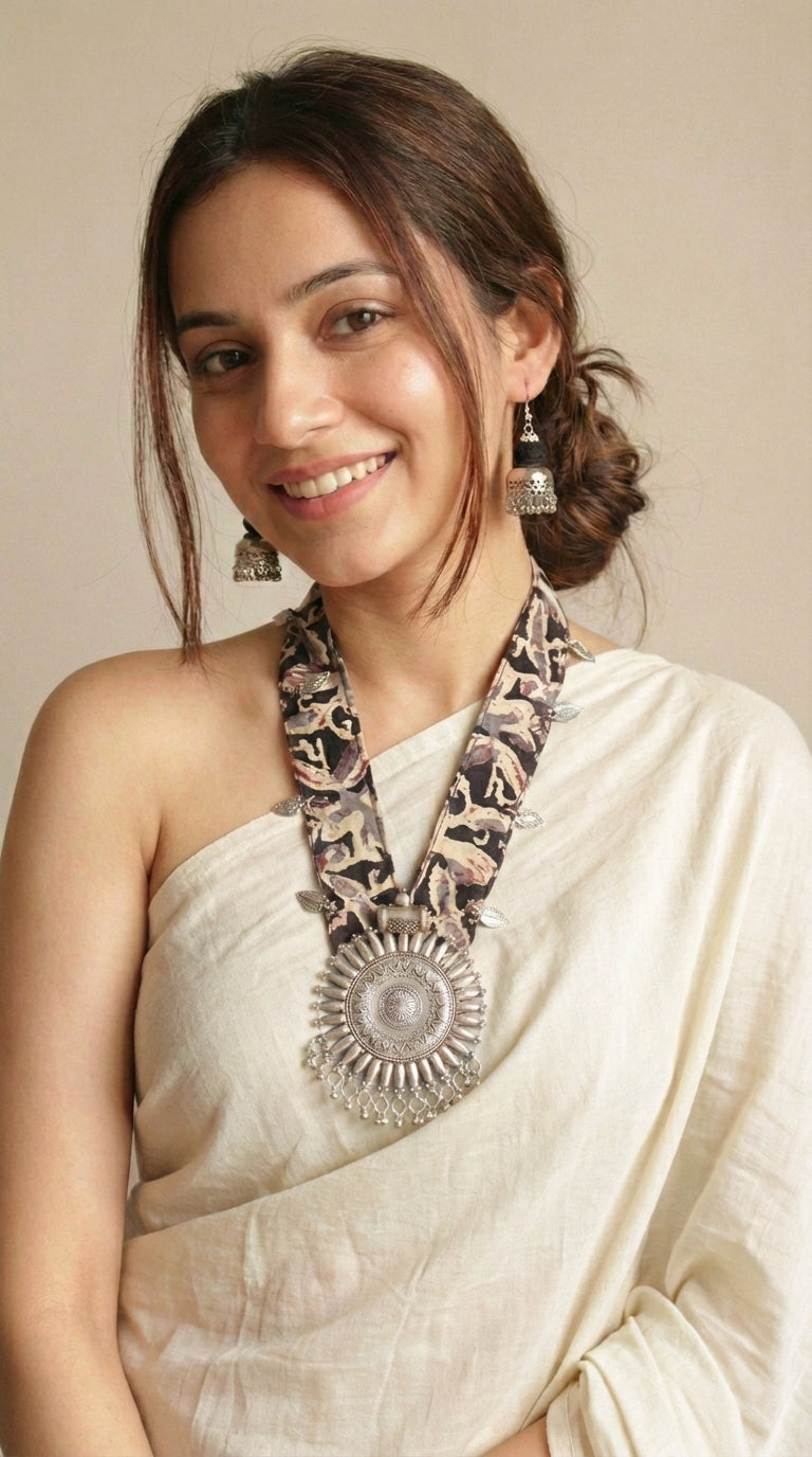 Black Kalamkari Collar Fabric Necklace Embellished with Metal Charms