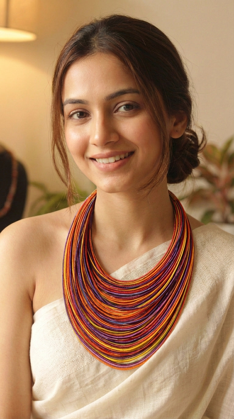 Multi-Color Handmade Silk Threads Multi-Layer Statement African Choker Necklace