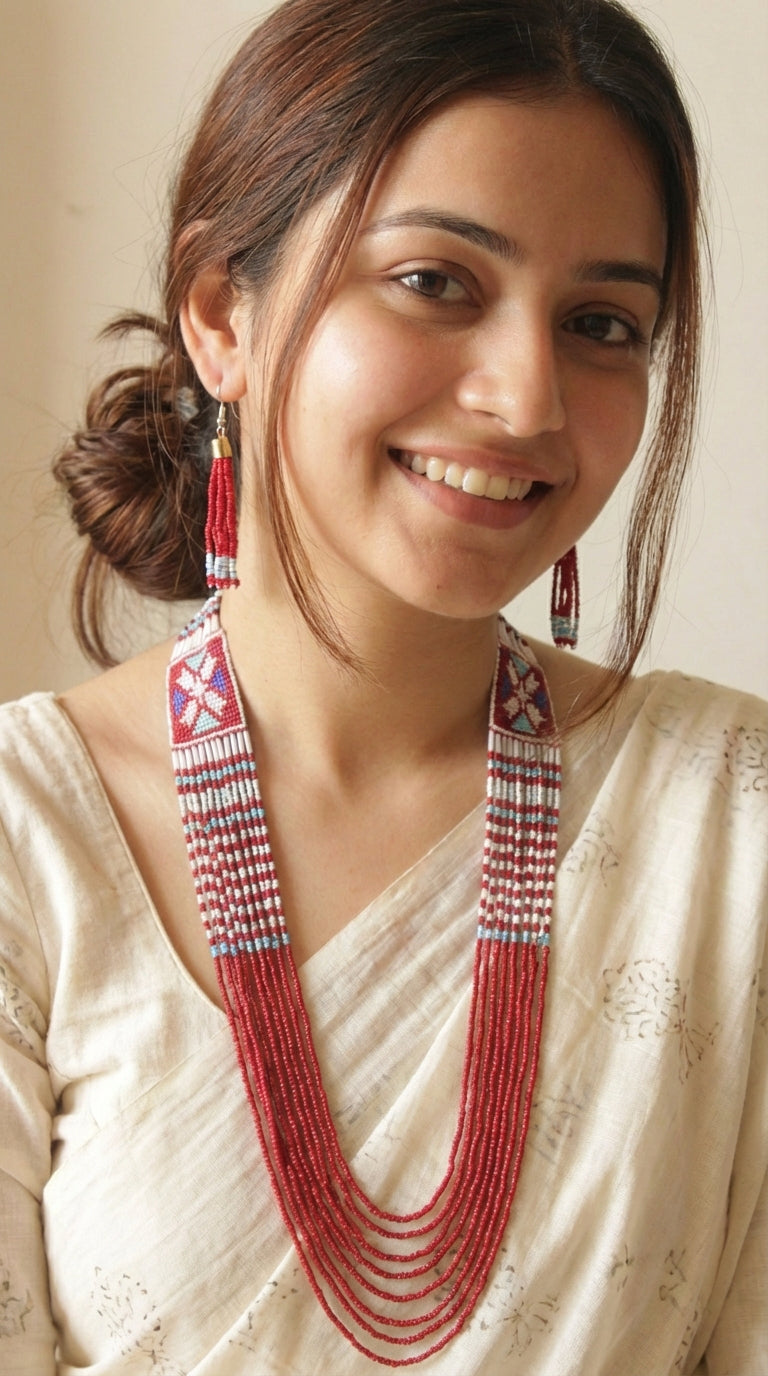 Red Hand Beaded Long Necklace Set