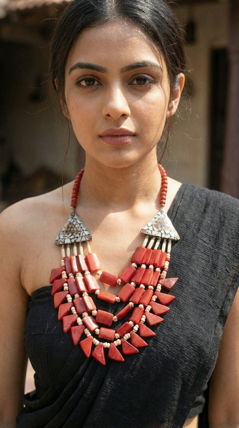 Red Bone Beads Handcrafted Multi-Layer African Tribal Necklace