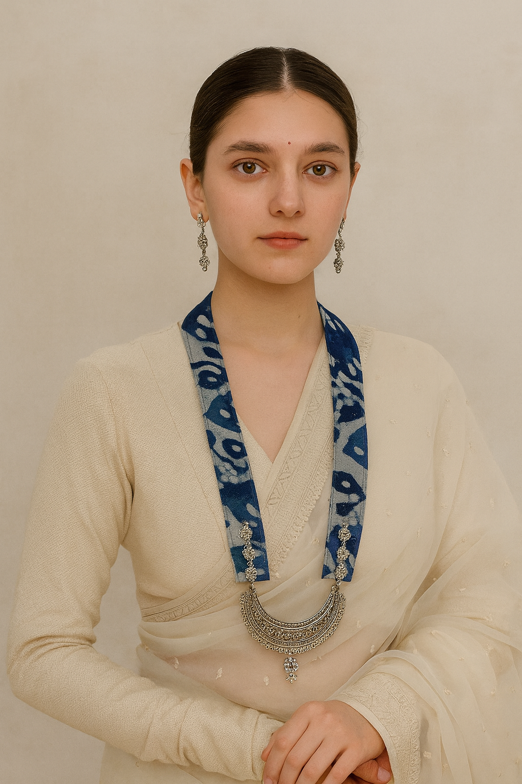 Crescent Moon Shaped Statement Pendant Collar Necklace with Indigo Fabric