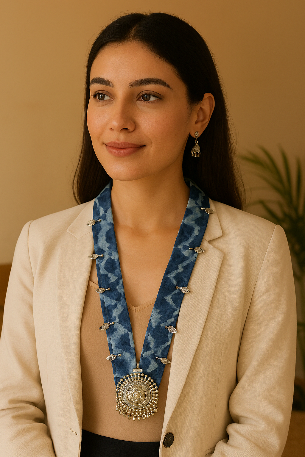 Indigo Block Printed Fabric and Oxidised Metal Pendant Collar Necklace Set