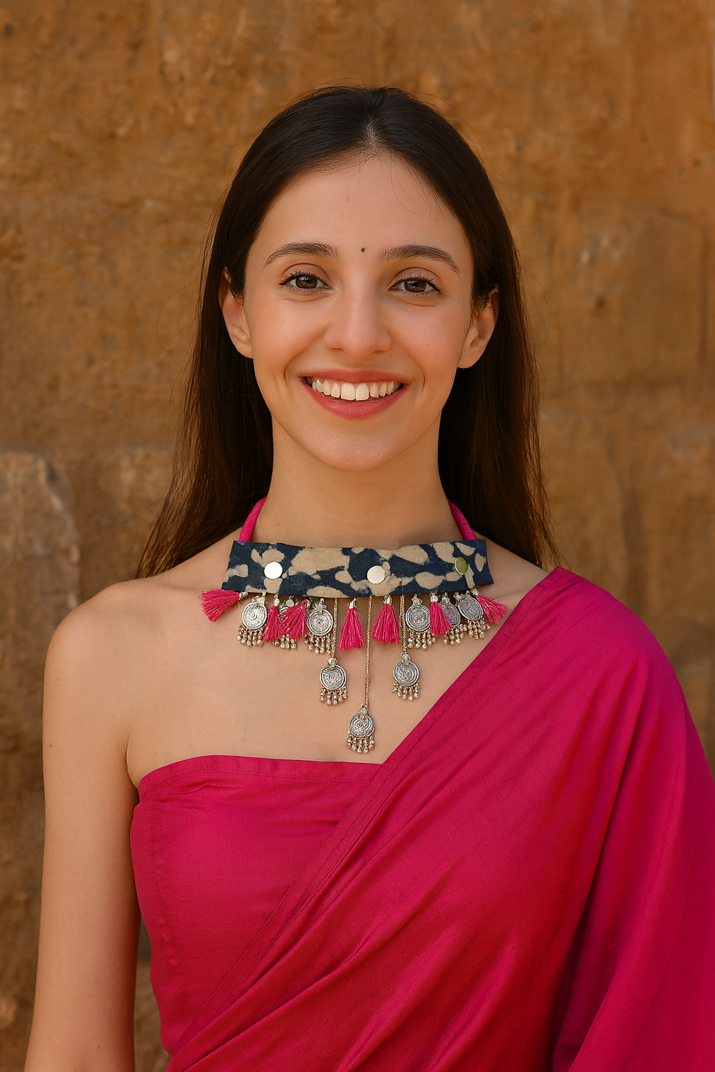 Indigo Fabric Stamped Metal Coins Charms Embellished Fabric Choker Necklace