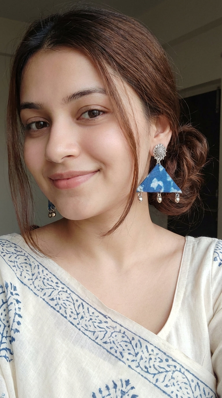 Indigo Fabric Earrings with Metal Charms
