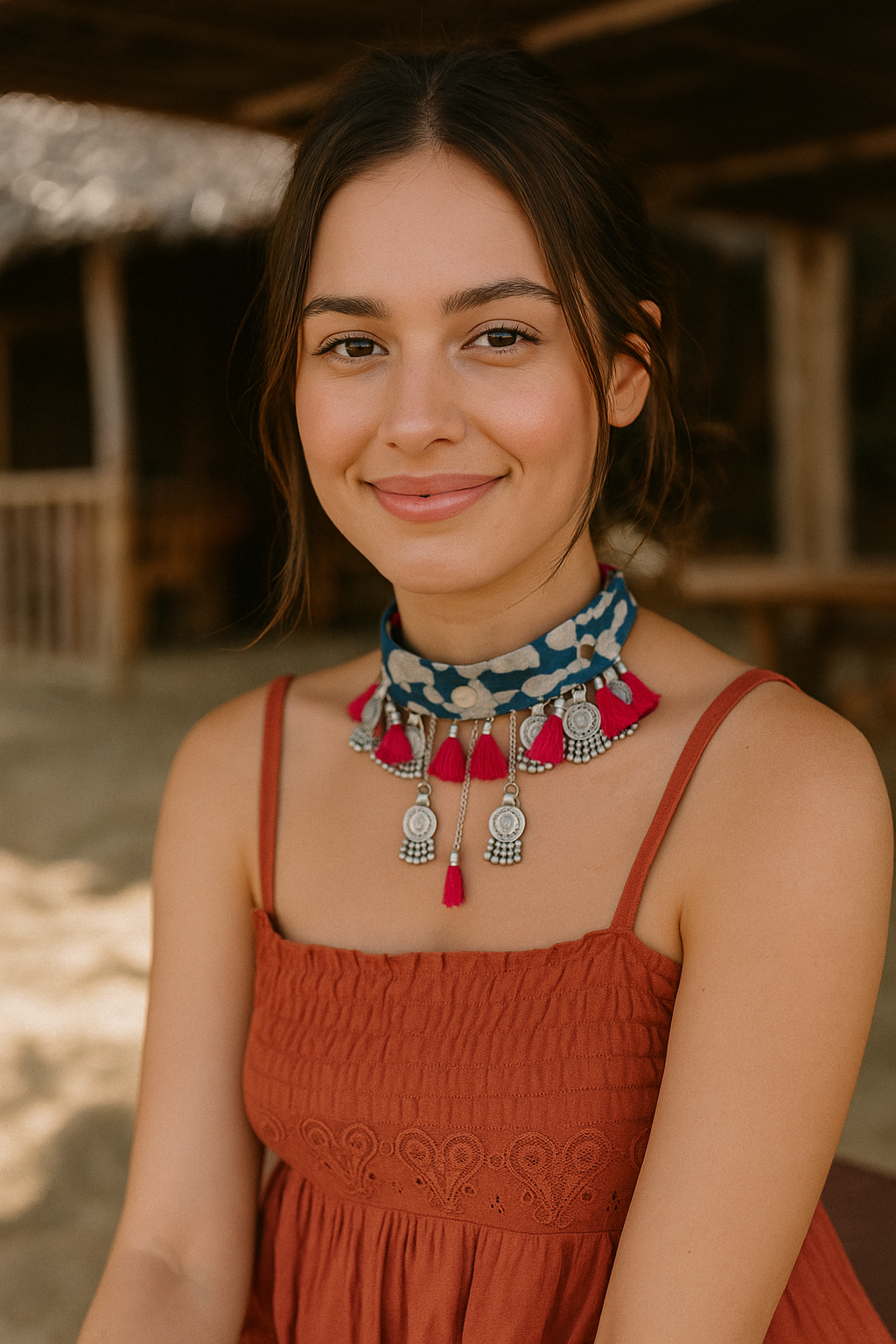 Indigo Fabric Stamped Metal Coins Charms Embellished Fabric Choker Necklace