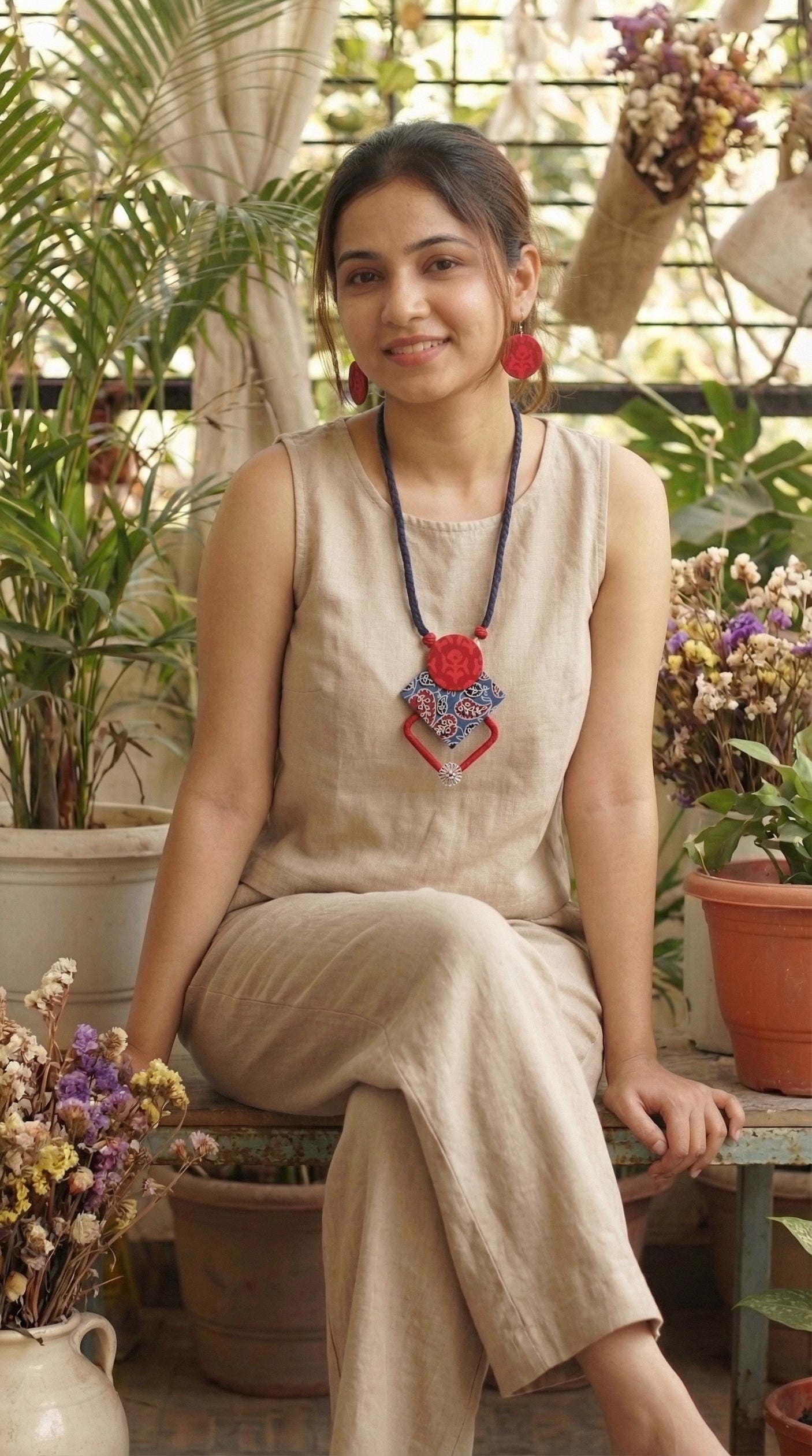 Indigo & Red Fabric Choker Necklace Set with Stud Earrings and Adjustable Thread Closure