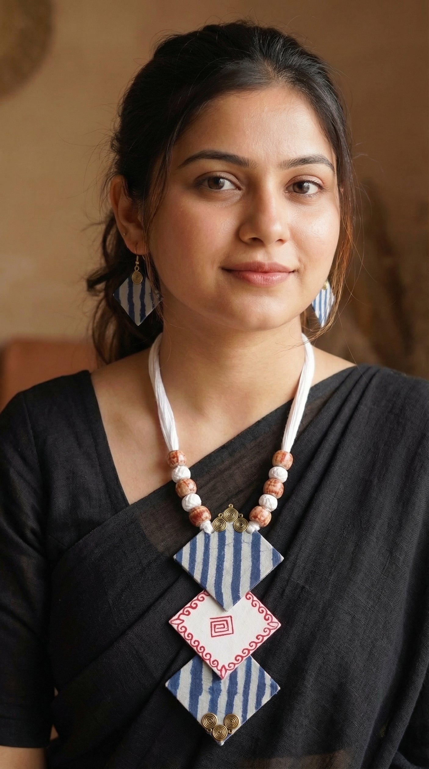 Indigo & White Block Printed Fabric Necklace Set with Adjustable Thread Closure Necklace Set