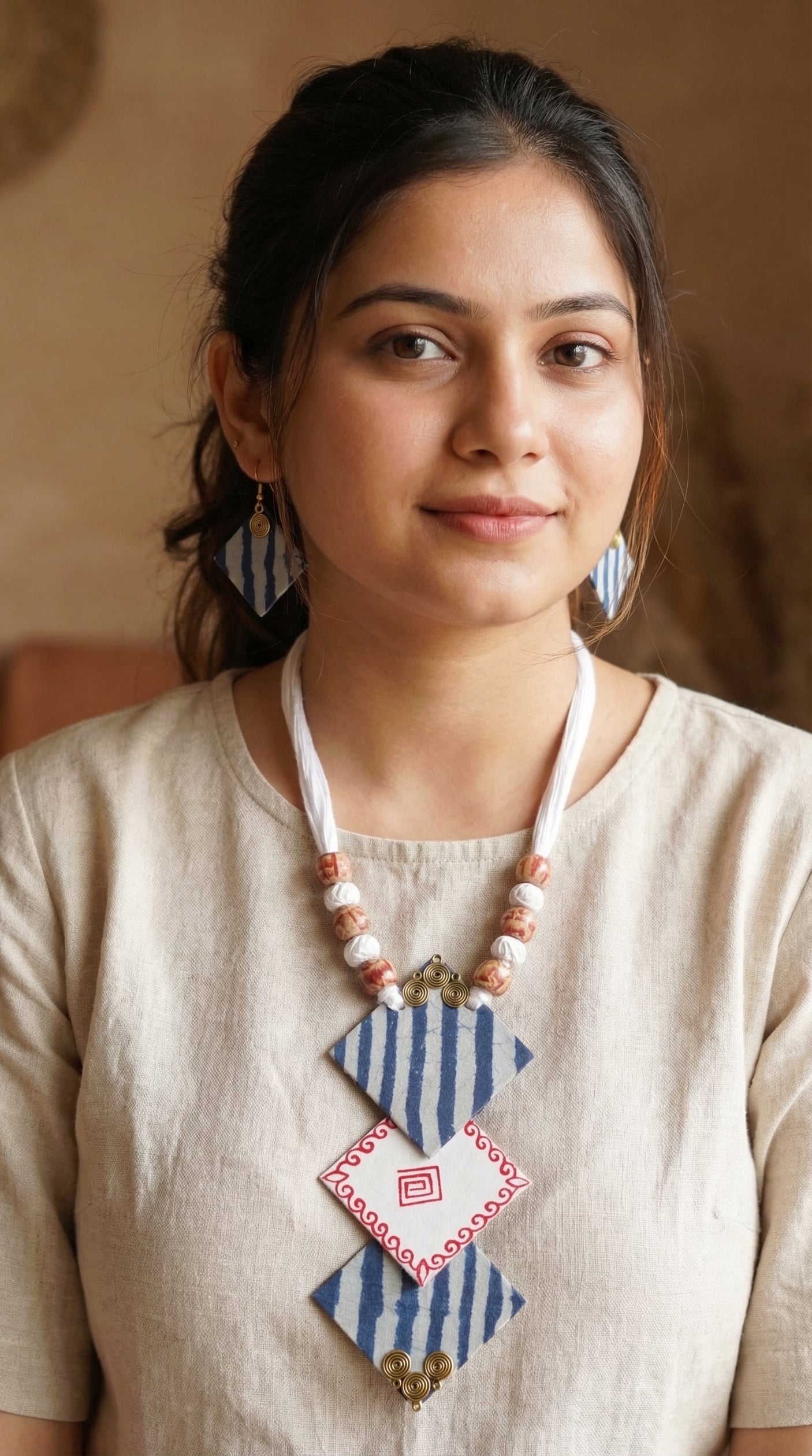 Indigo & White Block Printed Fabric Necklace Set with Adjustable Thread Closure Necklace Set