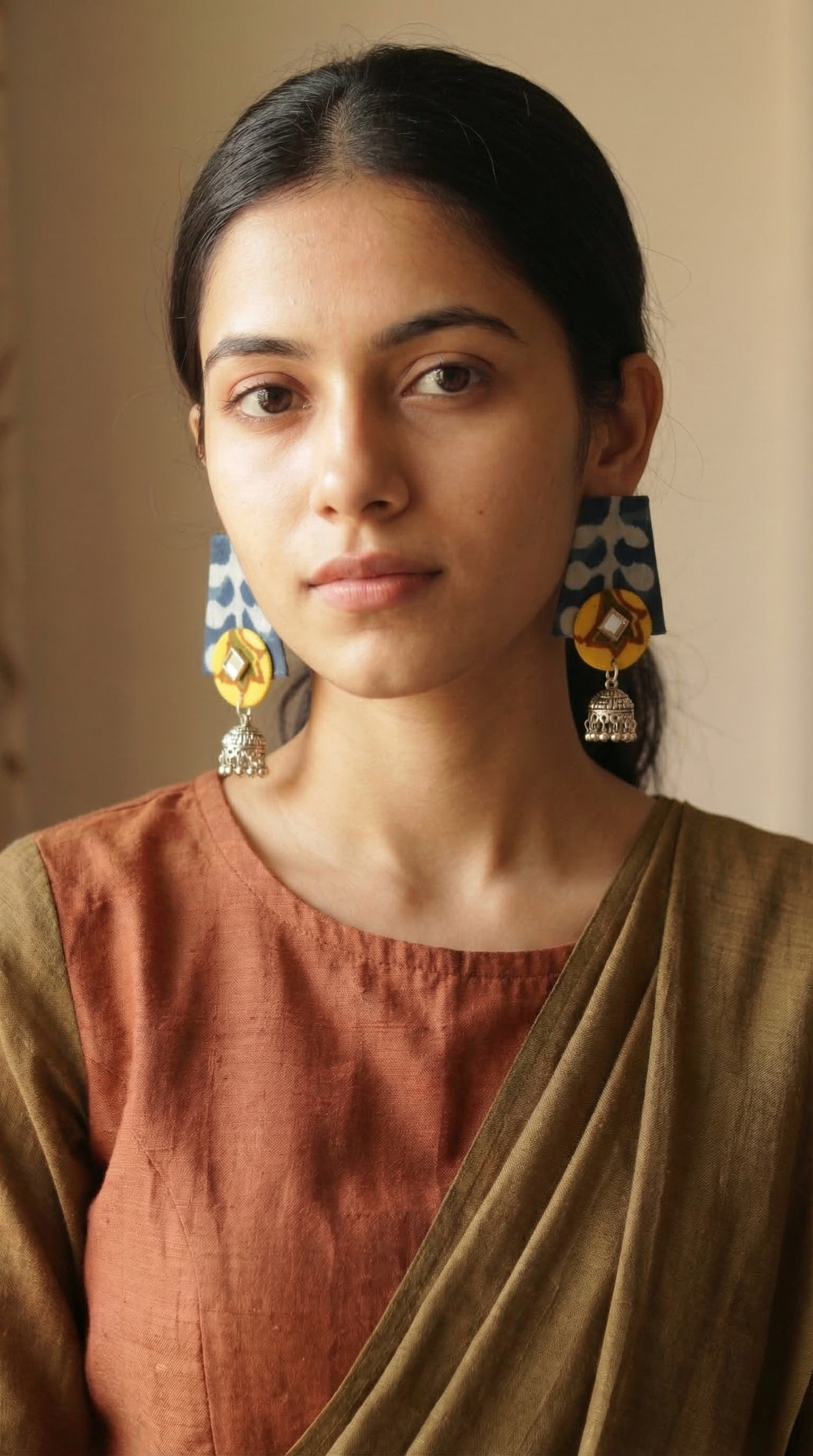 Indigo & Yellow Batik Sheesha Fabric Earrings