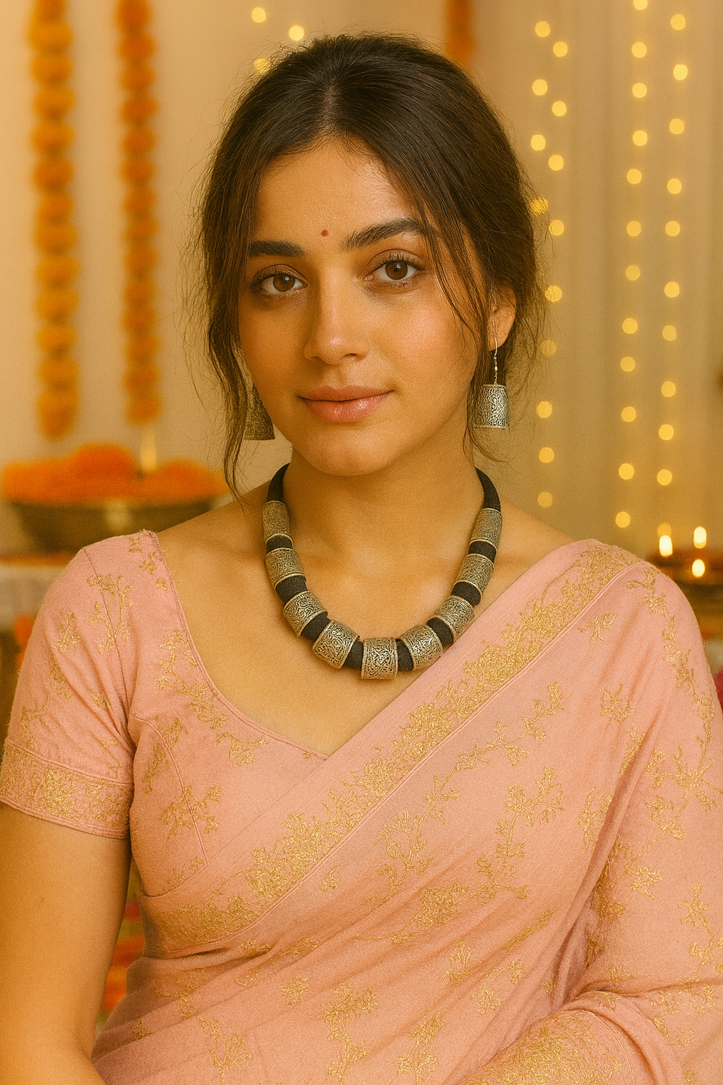 Intricately Detailed Metal Accents Braided with Black Fabric Threads Necklace Set