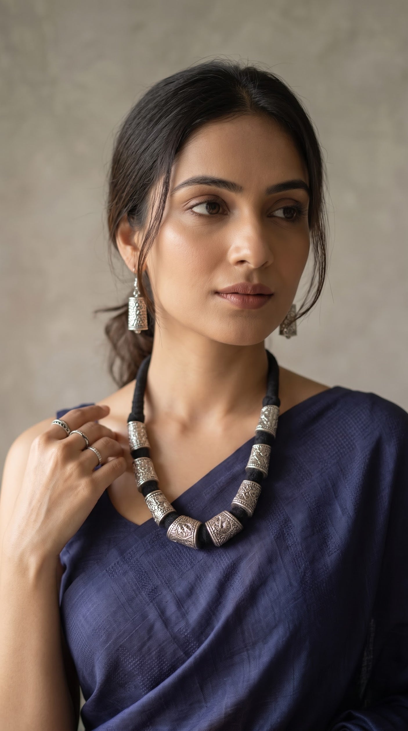 Intricately Detailed Metal Accents Braided with Black Fabric Threads Necklace Set