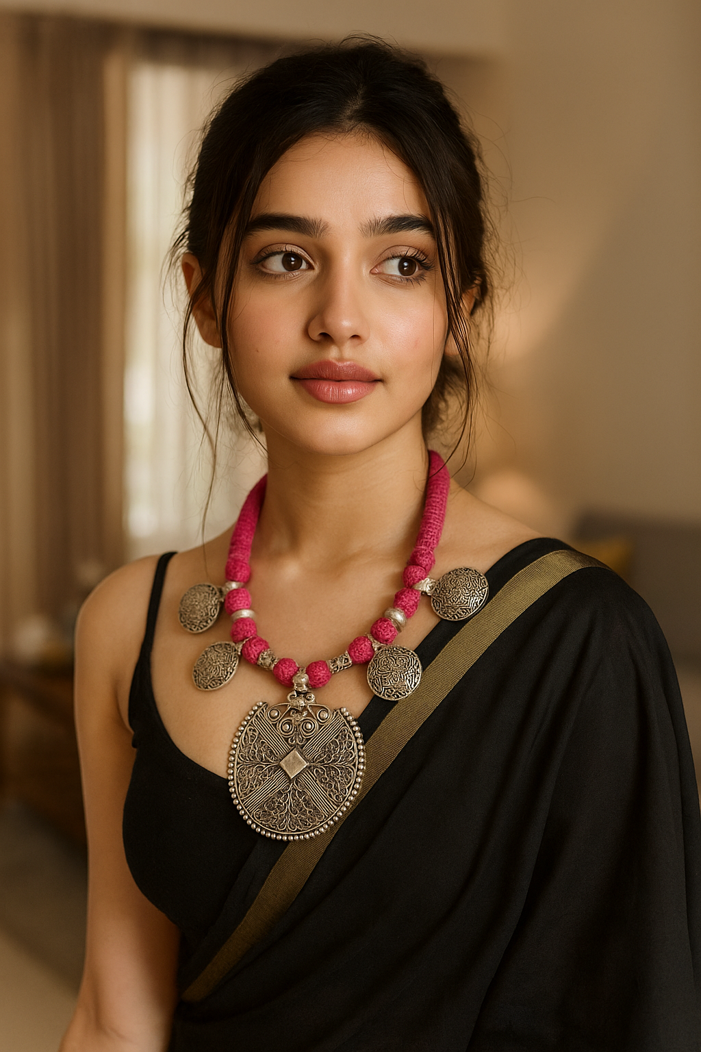 Intricately Detailed Metal Pendant and Charms Pink Thread Braided Necklace