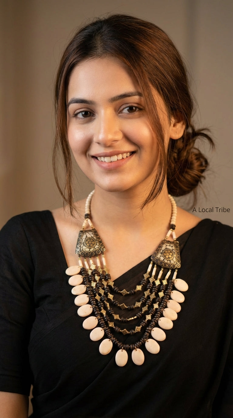 Ivory and Brown Flower Bone Beads Handcrafted Multi-Layer African Tribal Necklace