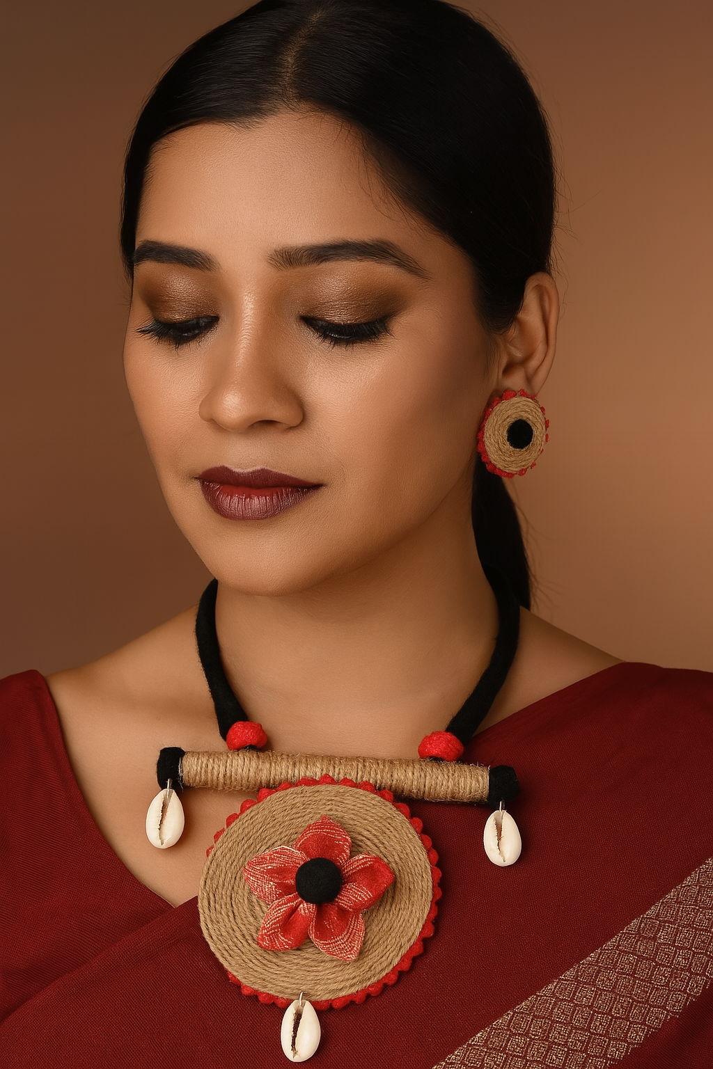 Fabric, Jute & Shell Work Handcrafted Necklace Set with Thread Closure