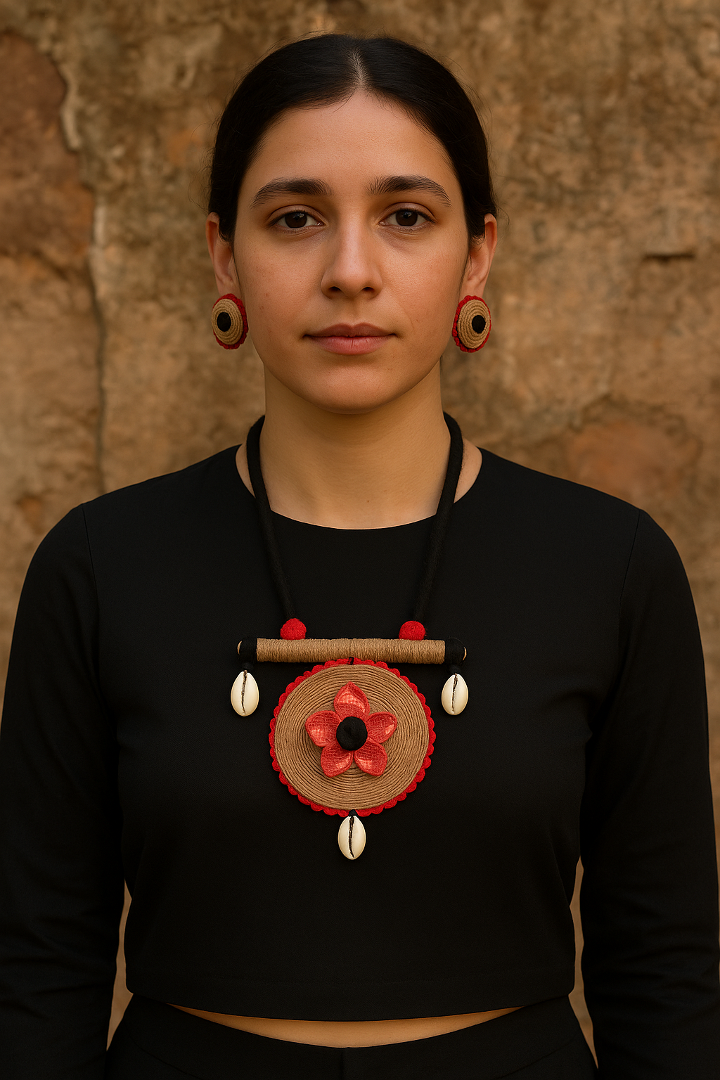 Fabric, Jute & Shell Work Handcrafted Necklace Set with Thread Closure