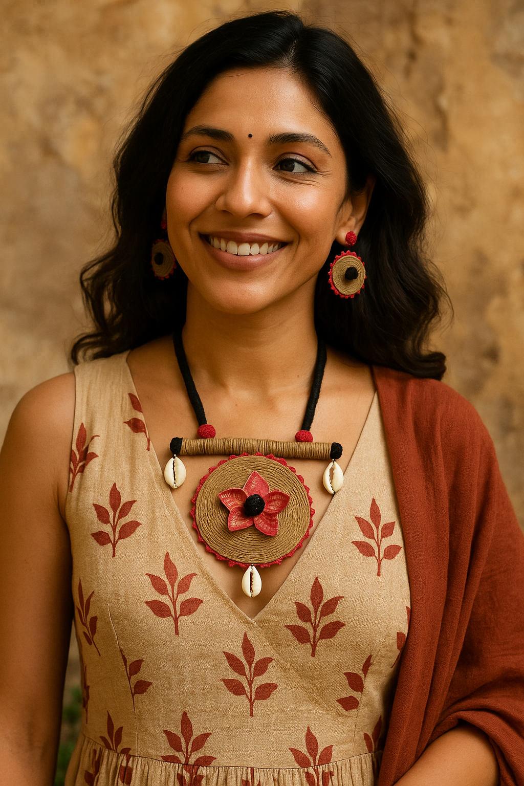 Fabric, Jute & Shell Work Handcrafted Necklace Set with Thread Closure